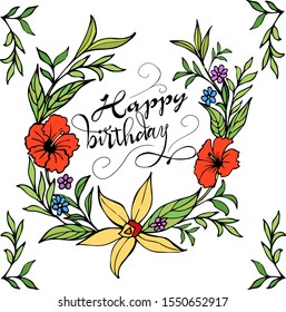 Нappy birthday phrase around a wreath of leaves and flowers