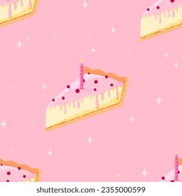 Birthday piece cake candle seamless pattern pink flat. Festive burn candle pie fruit berry cheesecake star background make a wish cute magical sparkle packaging wrapping design sweet dessert element