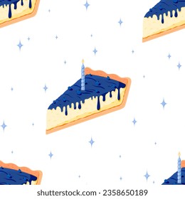 Birthday piece cake candle seamless pattern blue flat. Festive burn candle pie blueberry cheesecake star background make a wish cute magical sparkle packaging wrapping design sweet dessert element