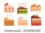 Birthday piece of cake. Different cakes with topping and candles. Brownie, caramel, cherry. strawberry.