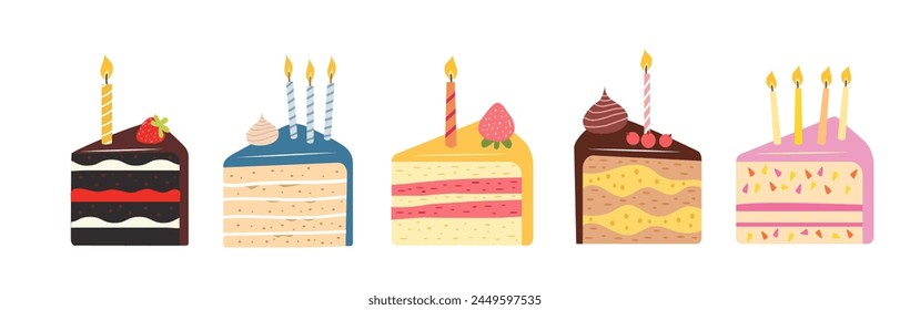 Birthday piece of cake. Different cakes with topping and candles. Brownie, cookie. 