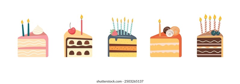 Birthday piece of cake. Different cakes with topping and candles. Brownie, cookie. 