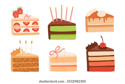 Birthday piece of cake. Different cakes with topping and candles. Brownie, caramel, cherry. strawberry.