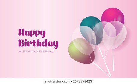 Birthday pink balloons Happy birthday greeting text in pink vector illustration design background