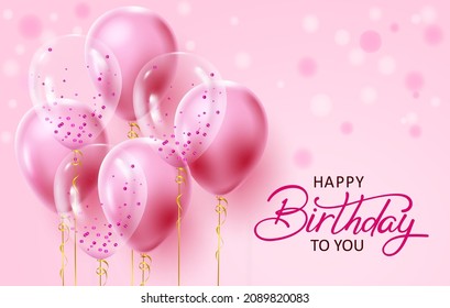 Birthday Pink Balloons Vector Design. Happy Birthday Greeting Text With Girly Balloon Elements In Bokeh Dots Background For Birth Day Girl Celebration Decoration. Vector Illustration.
