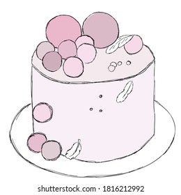 birthday pink cake for a girl,  with balls of gelatin on a white background. beautiful dessert for celebration. design of postcard, business cards for pastry shop, party invitation. vector eps 10