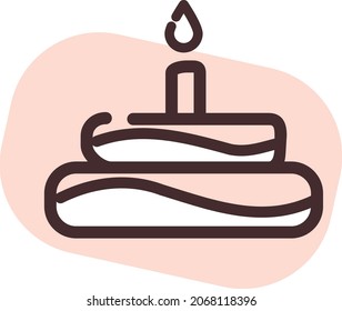 Birthday pink cake with one candle, illustration, vector, on a white background.