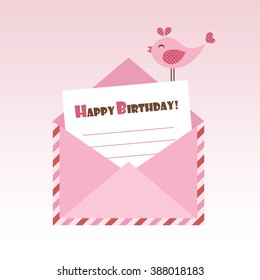 Birthday pink envelope with bird