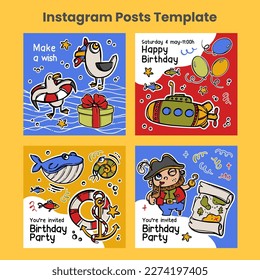 BIRTHDAY PIRATE POST Design Cards Social Media Templates Hand Drawn Cartoon Marine Collection With Mottos And Sea Attributes Objects For Cutting Vector Set