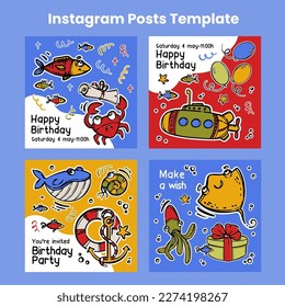 BIRTHDAY PIRATES Post Design Cards Social Media Templates Hand Drawn Cartoon Marine Collection With Mottos And Sea Attributes Objects For Cutting Vector Set