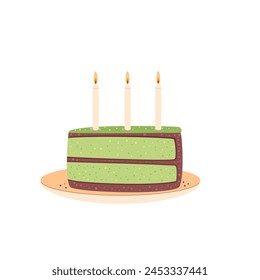 Birthday pistachios cake slice. Sweet holiday bakery piece. Pastry dessert with cream and candles for breakfast. Vector pie hand drawn flat illustration isolated on white background.
