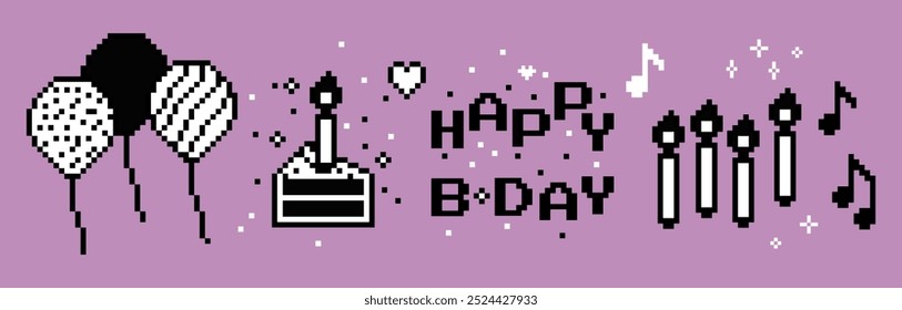 Birthday pixel elements set. Party event decoration. Birthday cake, Balloon. Pixel art style. Celebration design, playful collage sticker, poster. Vector illustration. Y2k vintage icon. Game abstract