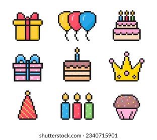 birthday pixel icons, celebration, 8 bit, 80s 90s old arcade game style, icons for game or mobile app, cake, crown, balloons, candle, gift, cupcake, vector illustration