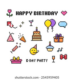 Birthday pixel icons set, happy birthday pixel elements. Happy Birthday celebration 8 bit: balloons, pie, gifts, fireworks, birthday cake.