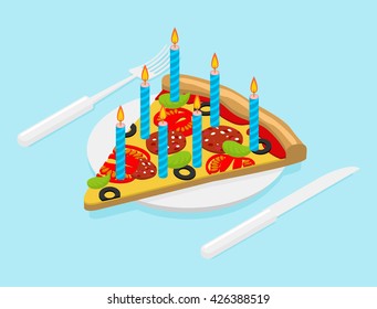 Birthday Pizza with candles isometrics. Fast food for Festive. Cutlery knife and fork. holiday meal