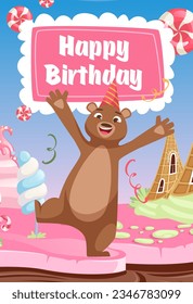 Birthday placard. funny poster with happy bear in delicious yummy background. Vector template