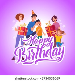 Birthday placard. parents with present boxes. vector design templates of poster