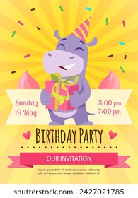 Birthday placard poster invitation for kids party with hippo happy animal