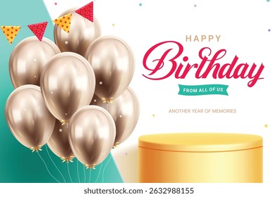 Birthday podium clipart background design. Happy birthday greeting text with bunch of gold metallic balloons and yellow podium for surprise party decoration elements clip art in green and white 