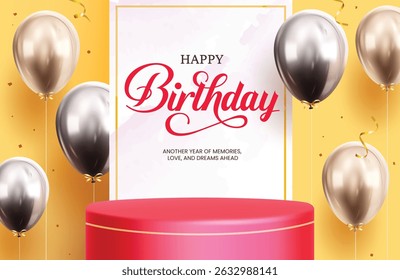 Birthday podium clipart design. Red podium stage with happy birthday greeting text, gold and silver metallic balloons decoration elements clip art for surprise party celebration platform vector 