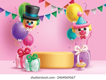 Birthday podium vector background design. Birthday balloons, gift inflatable, clown shape balloon and pennants elements decoration for product display stage presentation background. Vector