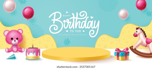 Birthday podium yellow vector template design. Happy birthday greeting text with birthday cake, teddy bear, rocking horse, gift box and balloon elements in stage paper cut blue background. Vector 