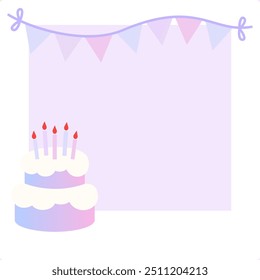 Birthday polaroid photo frame template. Purple photo frame with party banner and cake. Holiday celebration, event, festival, anniversary concept. Flat decorative vector design isolated illustration.