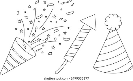 Birthday Popper, Firework, Birthday Hat Outline Coloring Page 