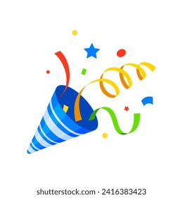 Birthday popper striped cone, holiday party firecracker with confetti and ribbon. Isolated cartoon vector colorful shooter burst with joy and celebration, adding a festive touch to special moments