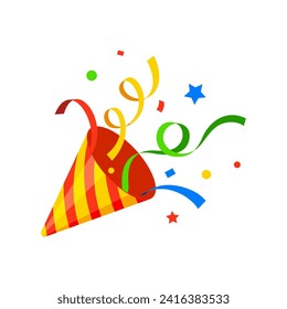 Birthday popper striped cone, holiday party firecracker with confetti and ribbon. Isolated cartoon vector cone-shaped shooter bursts into joyous confetti and stars, adding festive flair to celebration