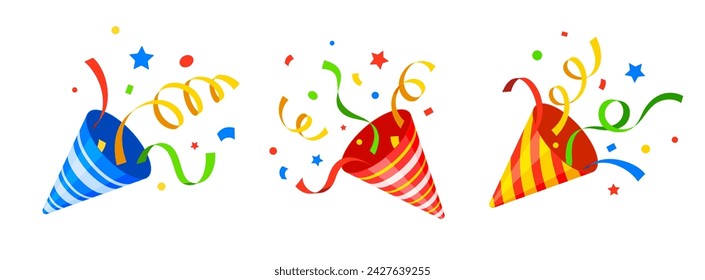 Birthday popper striped cone, holiday party firecracker with confetti and ribbon. Isolated cartoon vector vibrant shooter bursts of joy, releasing festive confetti to celebrate the special occasion