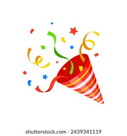 Birthday popper striped cone, holiday party firecracker with confetti and ribbon. Anniversary party firecracker or popper, birthday confetti cone or holiday vector streamer. Kids celebration cracker
