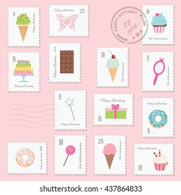 Birthday postage stamps set.
