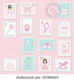 Birthday postage stamps set for girls in pastel pink and blue colors on polka dot.