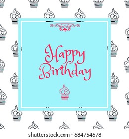 Birthday postcard in a blue square on a background of cakes with a bow