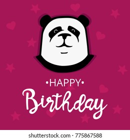 Birthday postcard with cute funny panda. Red background