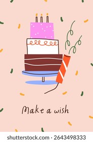 Birthday postcard design. Cake with candles for making wish, greeting card. Sweet festive dessert, holiday candy for party celebration, vertical poster in modern style. Flat vector illustration