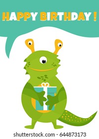 Birthday postcard or invitation with cute monster and present