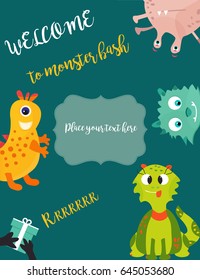 Birthday postcard or invitation with cute monster and text. Party card design