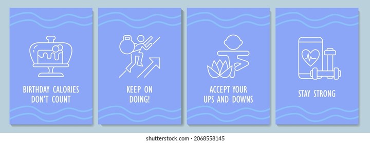 Birthday postcard with linear glyph icon set. Inspirational message. Greeting card with decorative vector design. Simple style poster with creative lineart illustration. Flyer with holiday wish pack