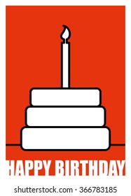 Birthday. Postcard in linear style. Cake and candle.
