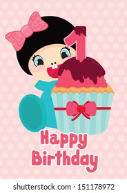 Birthday postcard for one year old. Cute cartoon girl and cupcake with number one candle. Polka dot on background. Illustration made in Kawaii style.  Happy birthday words.Vector illustration.