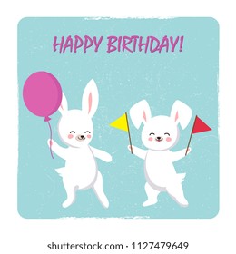 Birthday postcard template with two happy bunnies with balloon and flags. Vector banner poster illustration