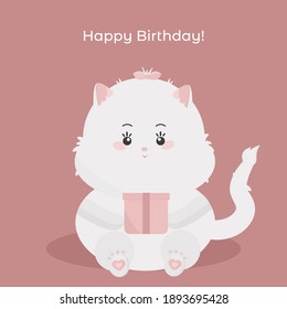 Birthday postcard. Vector illustration of a cat who is holding gift box and inscription Happy Birthday. Greeting birthday card design. Kids invitation with cute animal. Card template. Love card