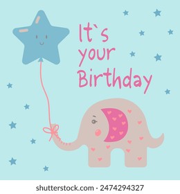 Postales de cumpleaños con un lindo elefante.  Plantillas de Vector ideales para tarjeta, póster, volante