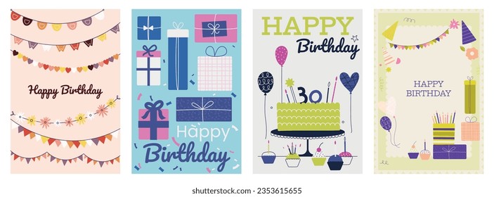 Birthday postcards. Happy celebration cards with funny text and cute animals, funny greeting card with text and cartoon icons. Vector collection. Festive holiday, balloons for entertainment