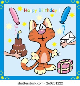 birthday postcard,tomcat, vector humorous illustration