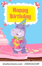 Birthday poster. Cartoon hippopotamus standing with present box. Vector cartoon template