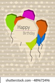 Birthday poster with cornered balloons and light different squared confetti. Poster with wishing text: Happy Birthday
