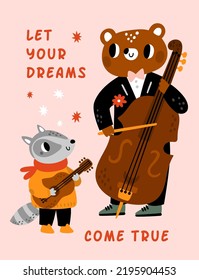 Birthday poster with cute animals. Forest musicians with different musical instruments. Zoo jazz band. Orchestra performers play music. Happy bear and raccoon. Vector